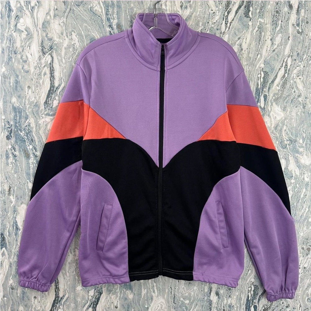 Light Purple Black and orange flattering Colorblock Track Jacket full zip front